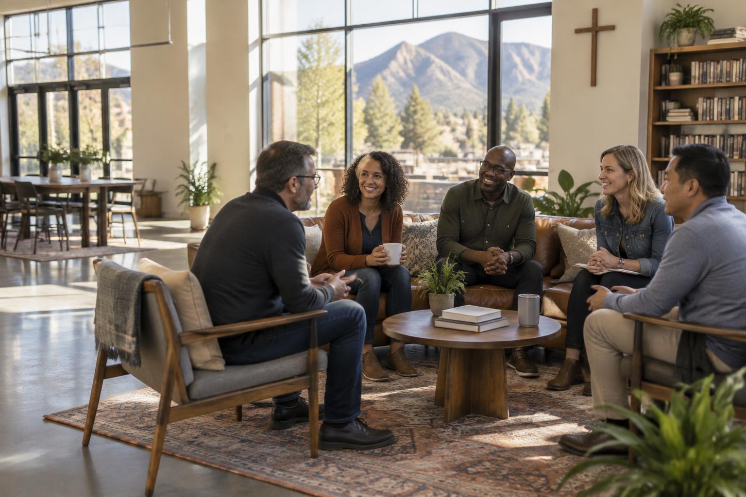 Pastors and ministry leaders connecting in a sunlit church community space